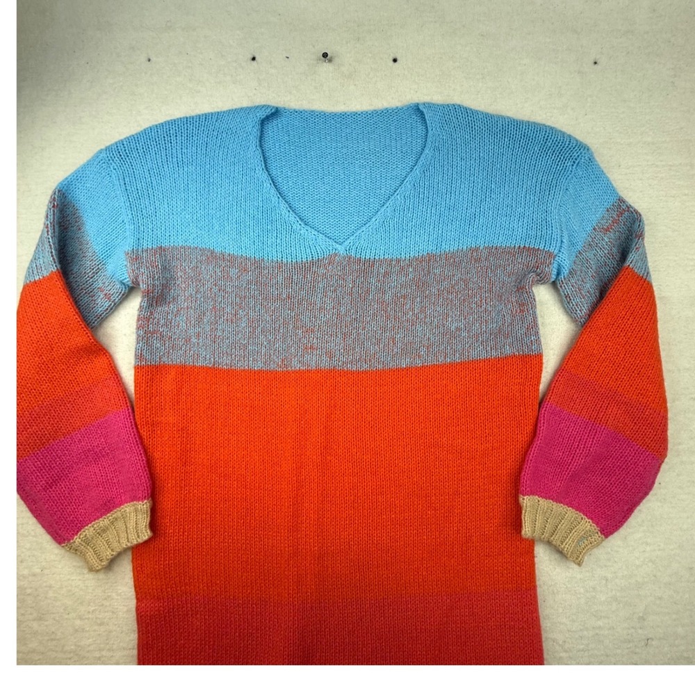 Striped V Neck Long‎ Sleeve Knit Sweater Dress Women's Size Large bright cozy - Picture 2 of 7